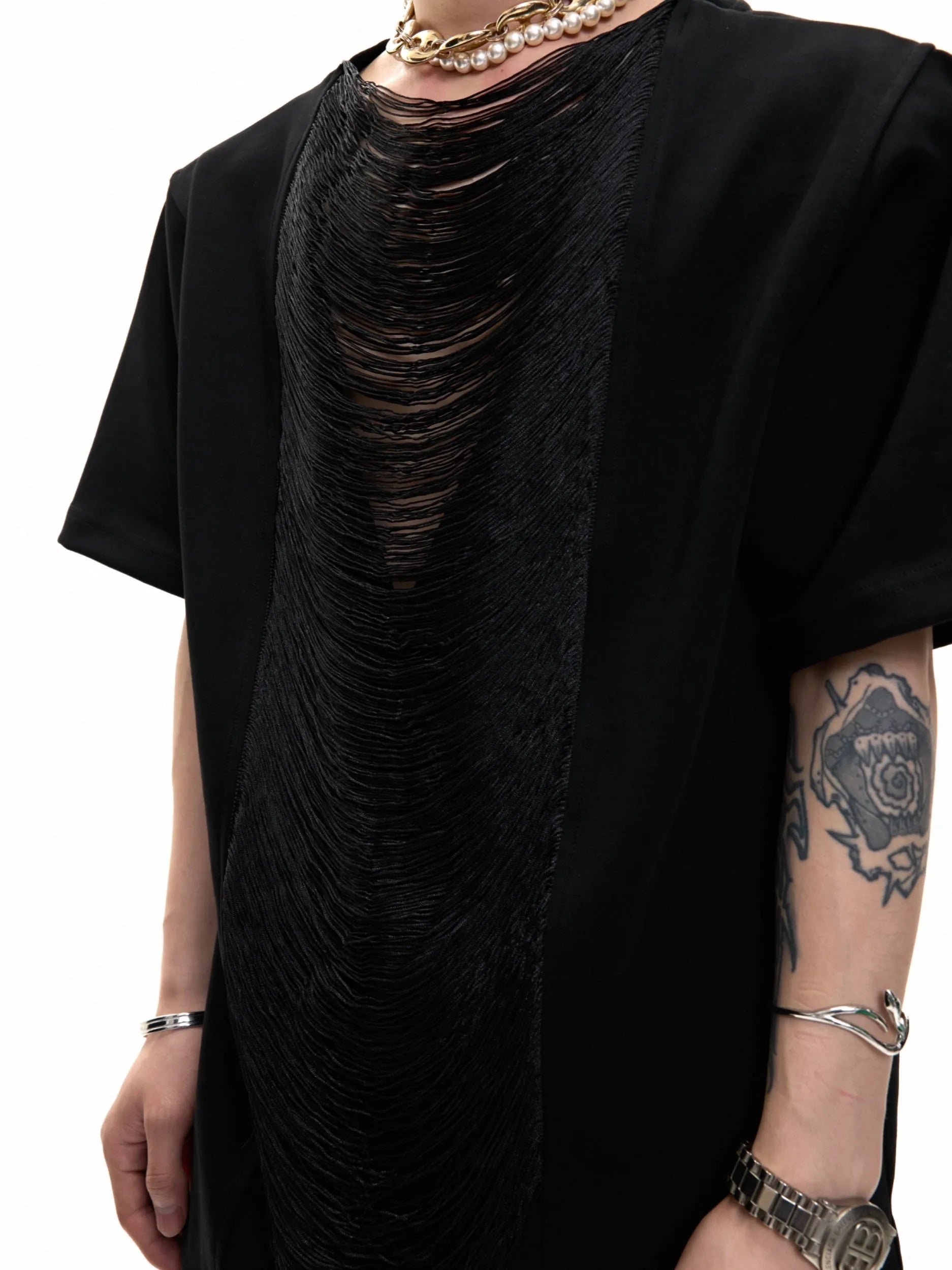 Men's black hollow out V-neck loose fit T-shirt with short sleeves and tassel detailing