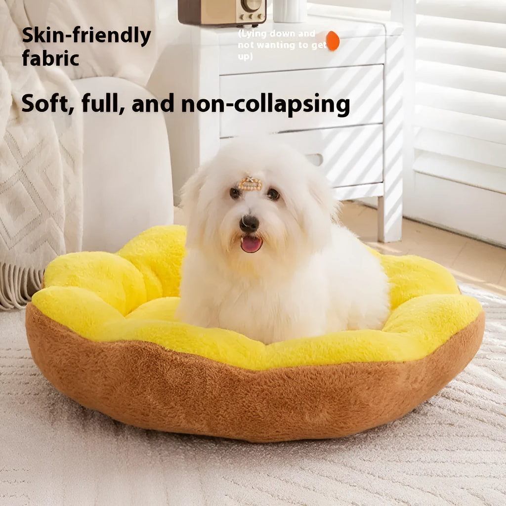 Round cat bed with detachable rabbit plush lining in grey black colour