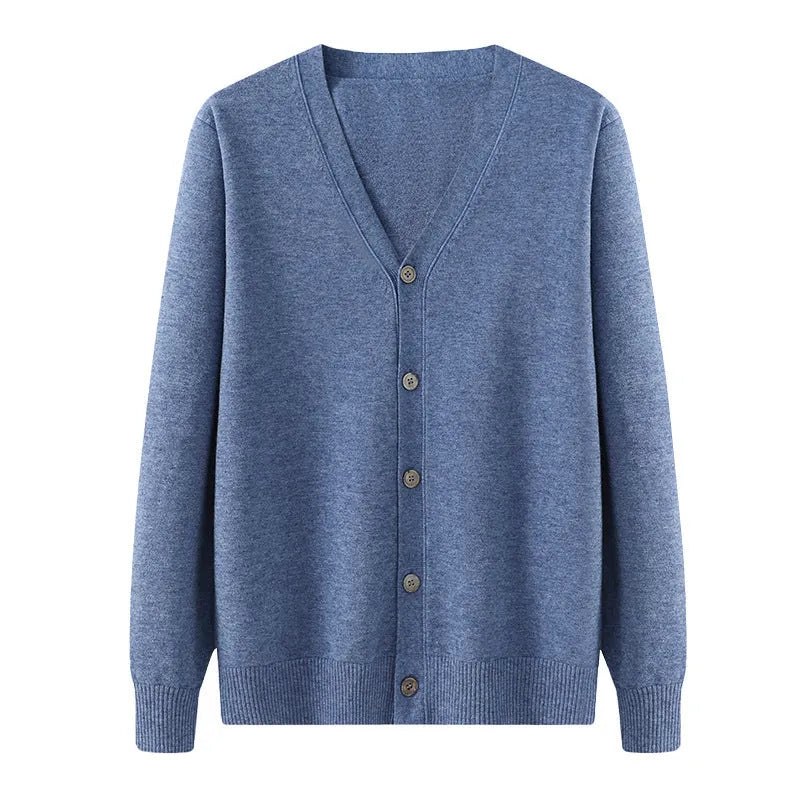 Men's loose V-neck cardigan coat in Andy velvet fabric, shown in beige colour.
