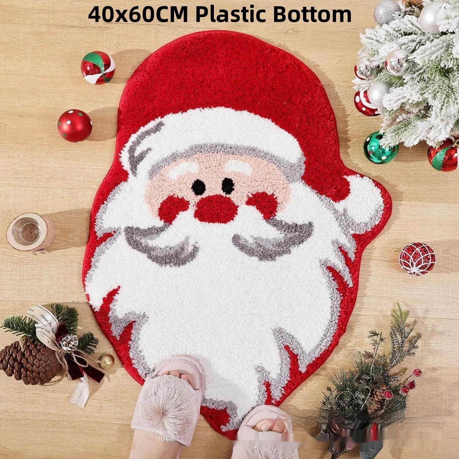 Square Christmas-themed hallway mat with non-slip backing on a wooden floor.
