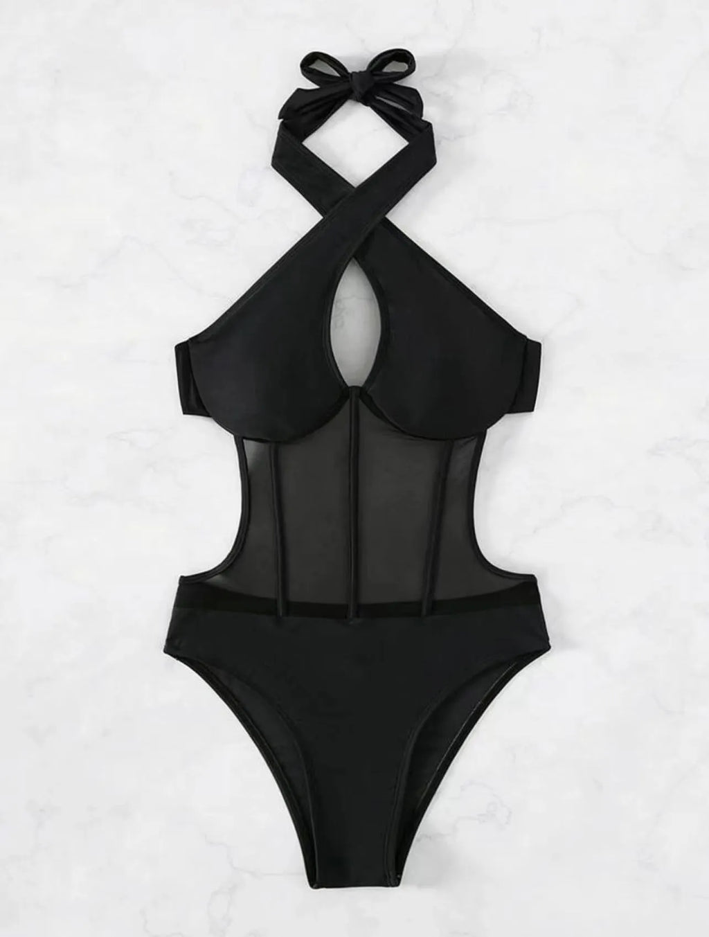 Women's black one-piece swimsuit made from nylon and spandex fabric on a neutral background.