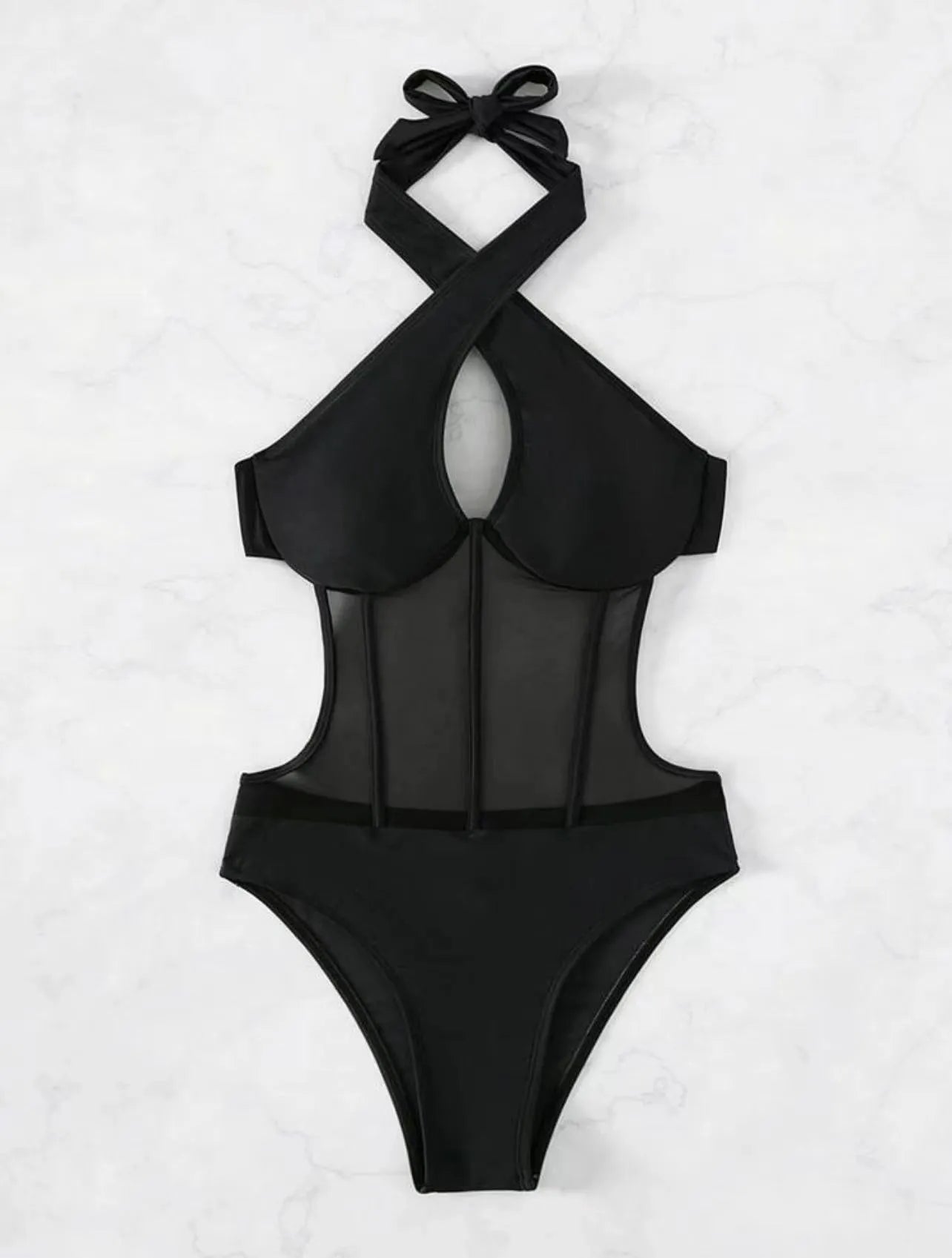 Women's black one-piece swimsuit made from nylon and spandex fabric on a neutral background.