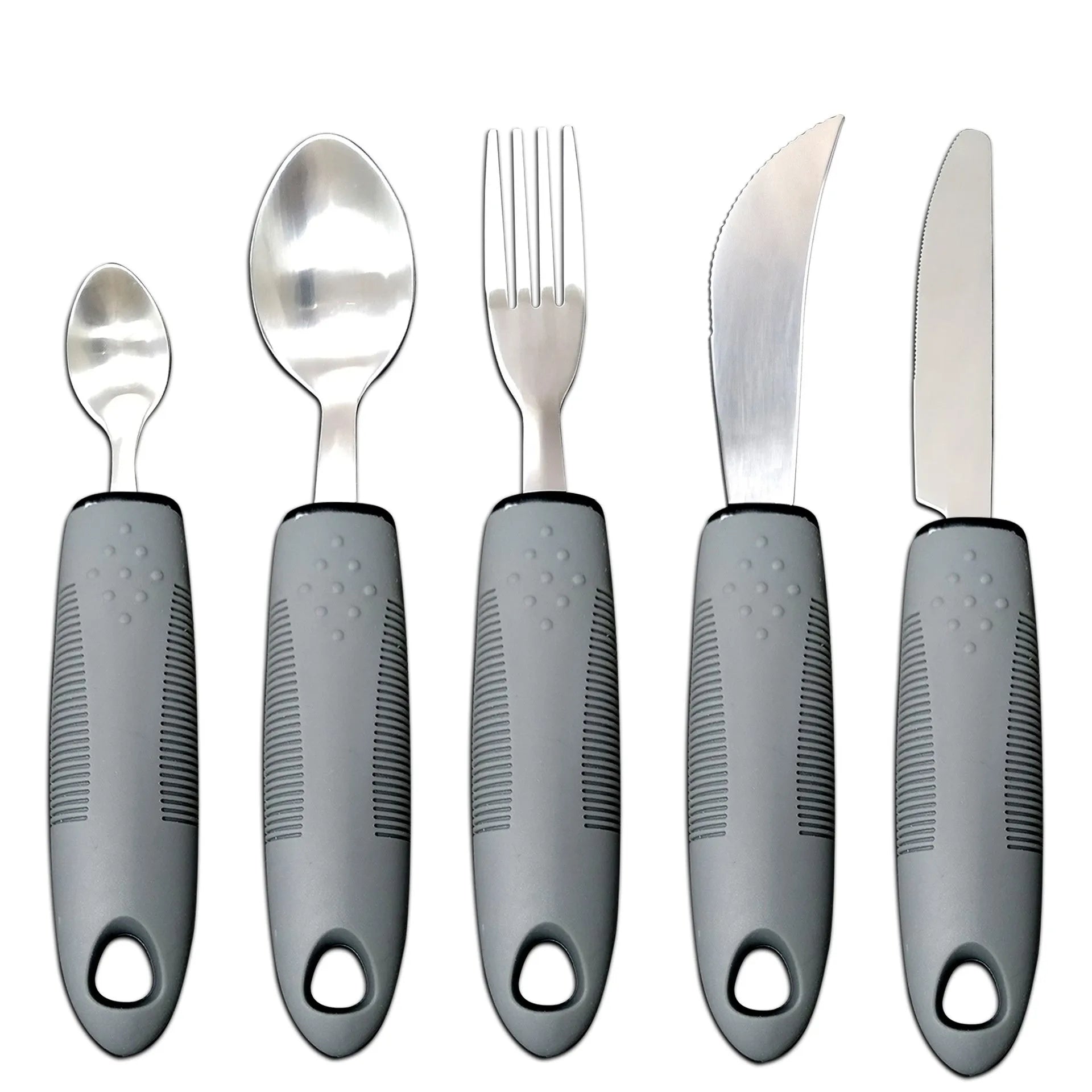 Stainless steel anti-shake cutlery set with rubber handles for adult mealtime assistance