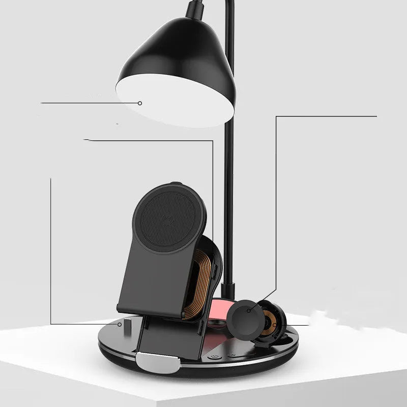 Black magnetic folding wireless charger with stand function showing folded and unfolded positions