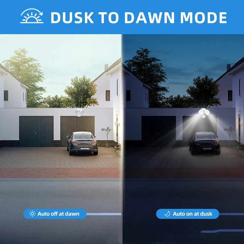 White outdoor LED security floodlight with motion sensor mounted on wall