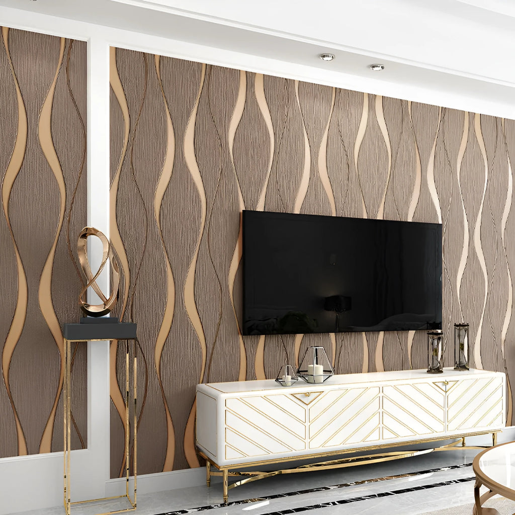 Curve stripe 3D wallpaper roll with deerskin velvet texture in dark brown and light grey colours