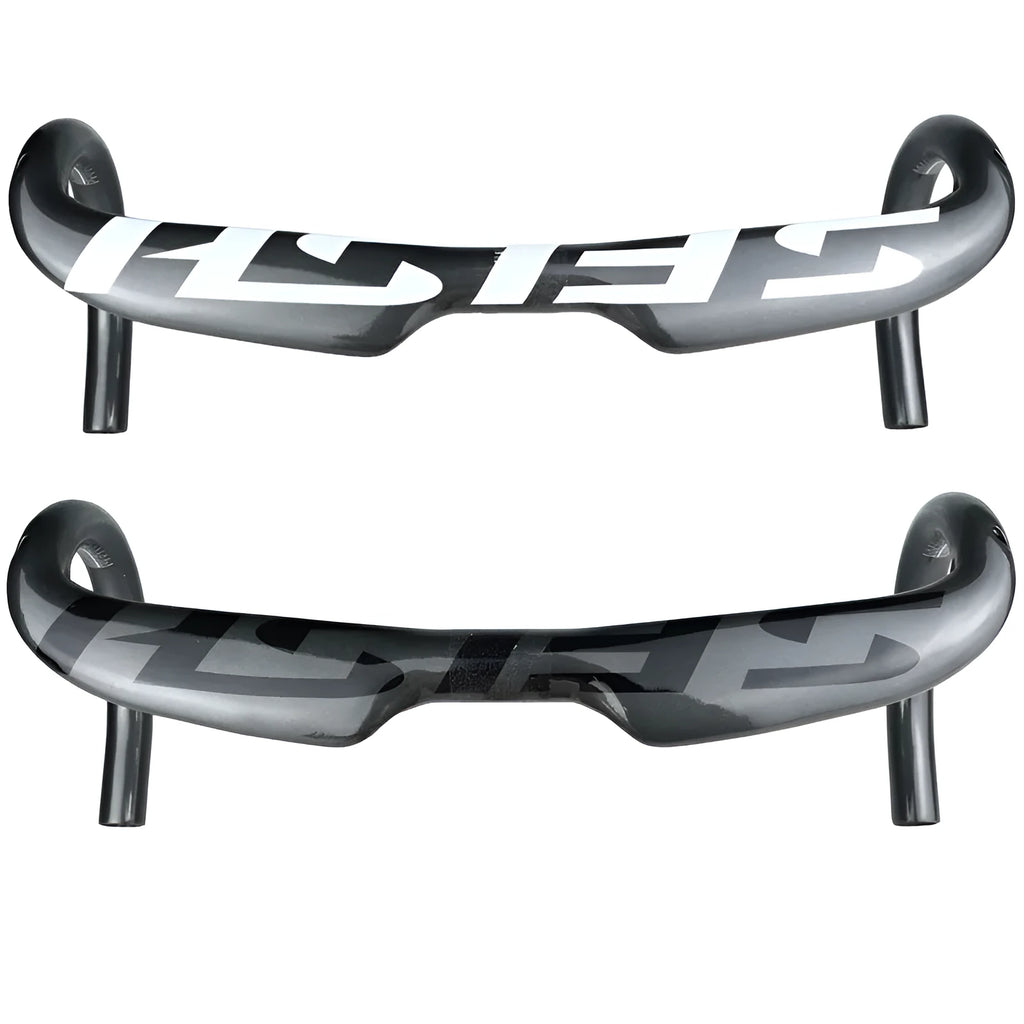 Carbon fibre road bike bent handlebar showing 31.8mm clamp area and drop profile