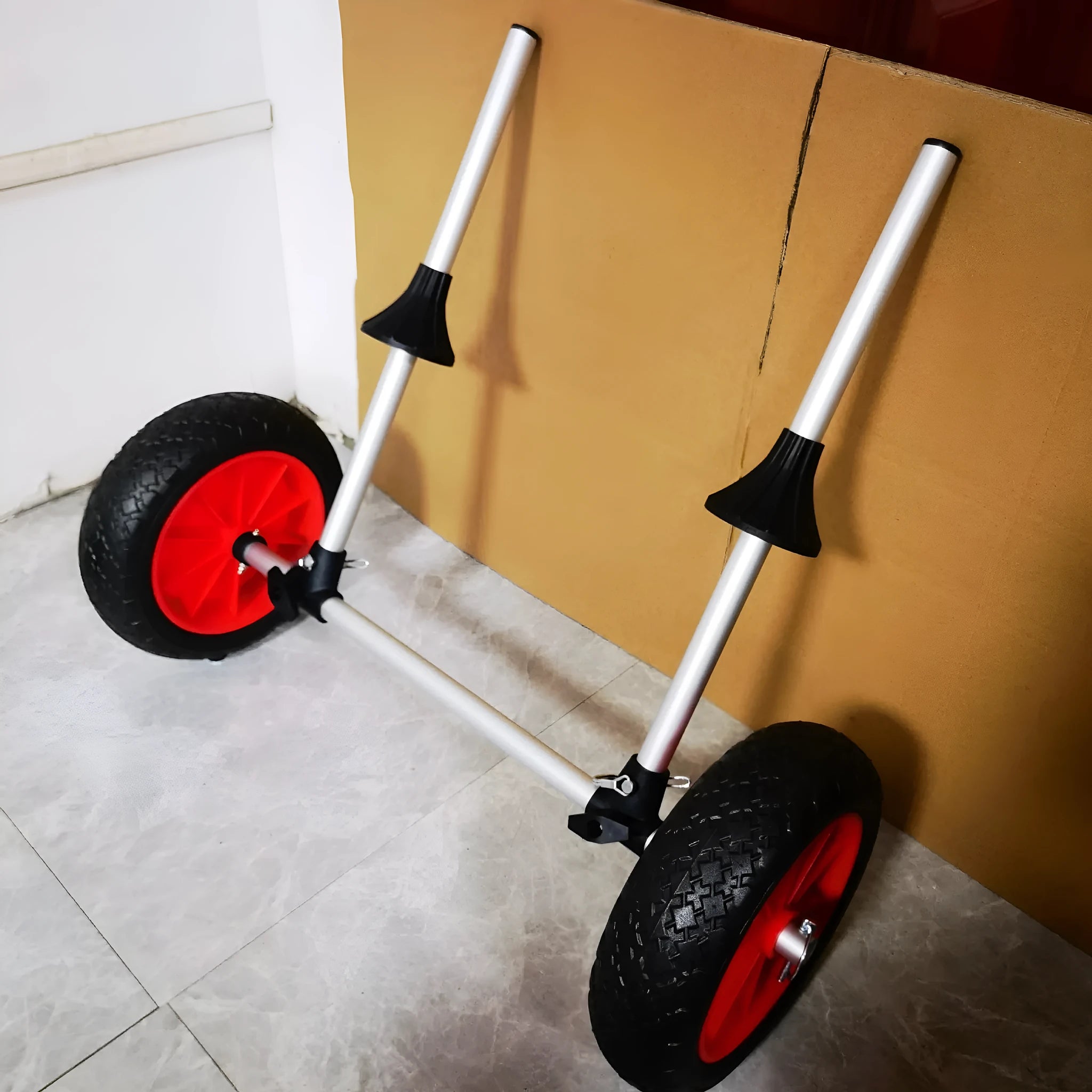 Foldable aluminium kayak beach trailer with rubber wheels and upright pole platform