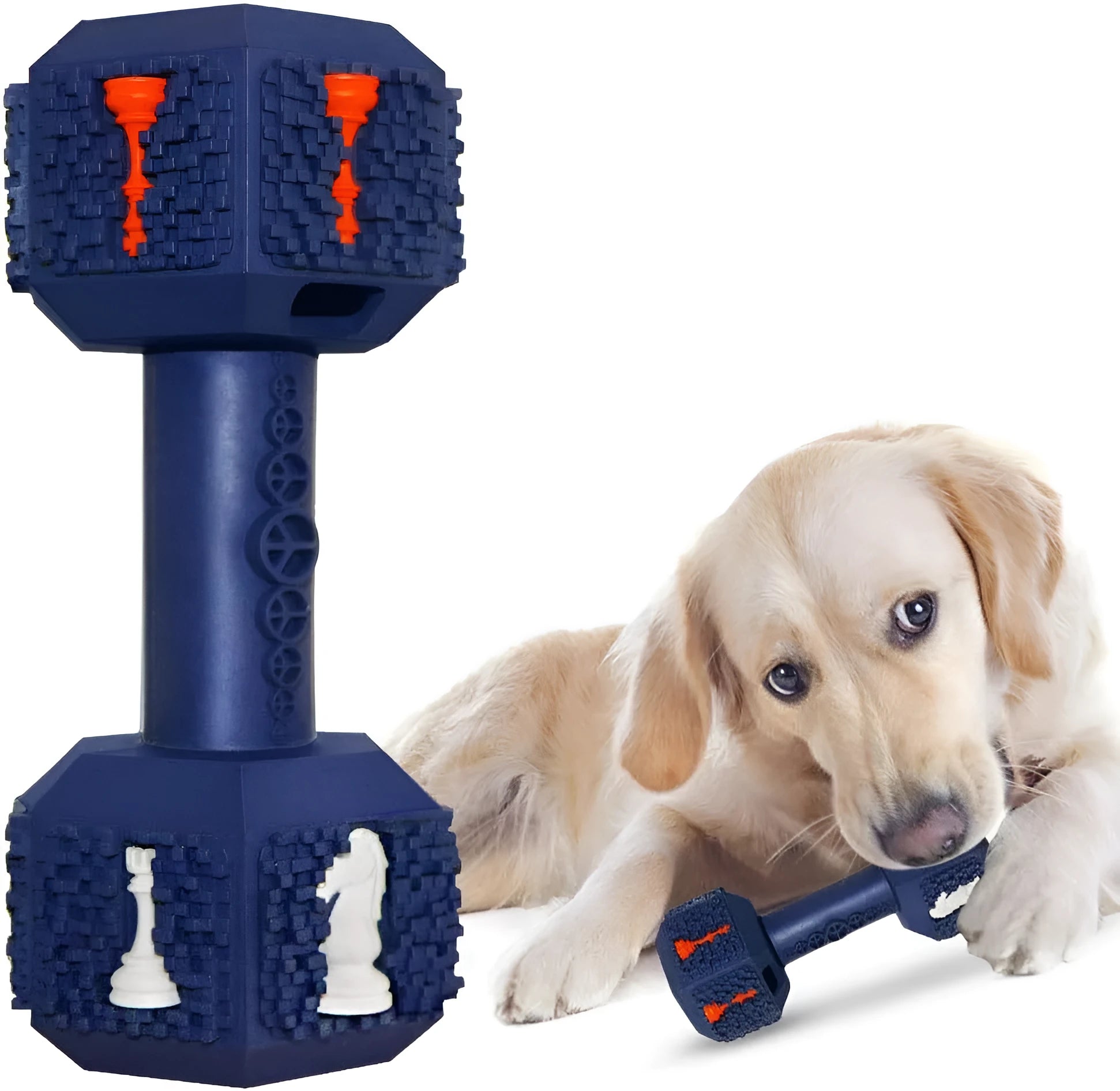 Blue hollow dumbbell-shaped dog chew toy with textured 3D surface particles.