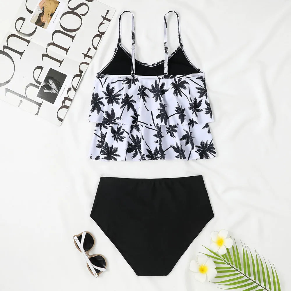 Women's high waist double-layer swimsuit with floral print and sleeveless briefs design