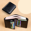 Men's leather wallet showing multiple internal compartments for cards, cash, coins and photos