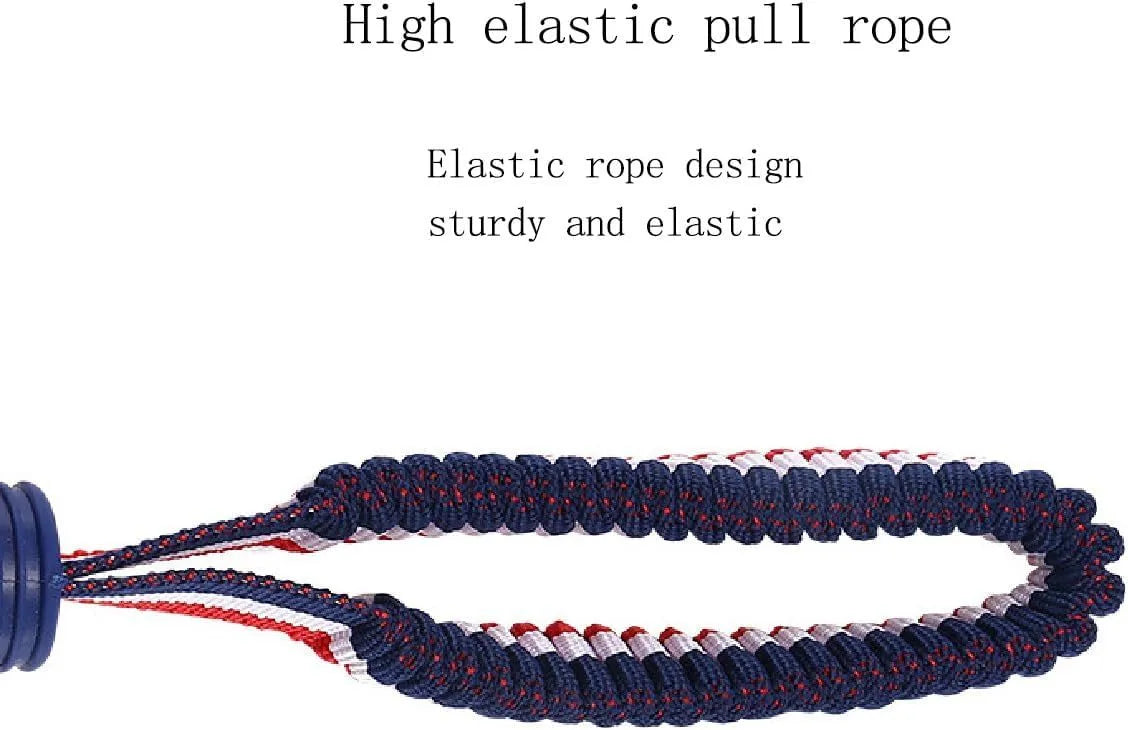 Blue or red natural rubber dog ball on rope toy measuring 29cm total length with 6.5cm diameter ball