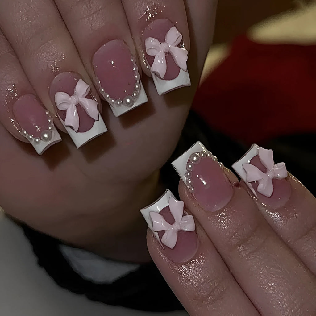 Short French manicure nail art set with multiple patterns including tulip, bow, starry sky and leopard print designs