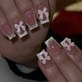 Short French manicure nail art set with multiple patterns including tulip, bow, starry sky and leopard print designs