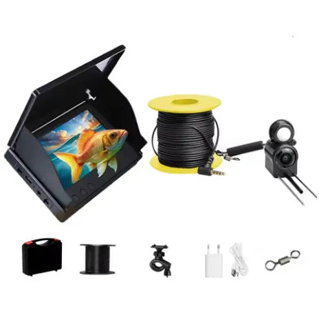 Underwater fish finder HD camera with 4.3-inch screen and temperature sensor on a fishing boat.