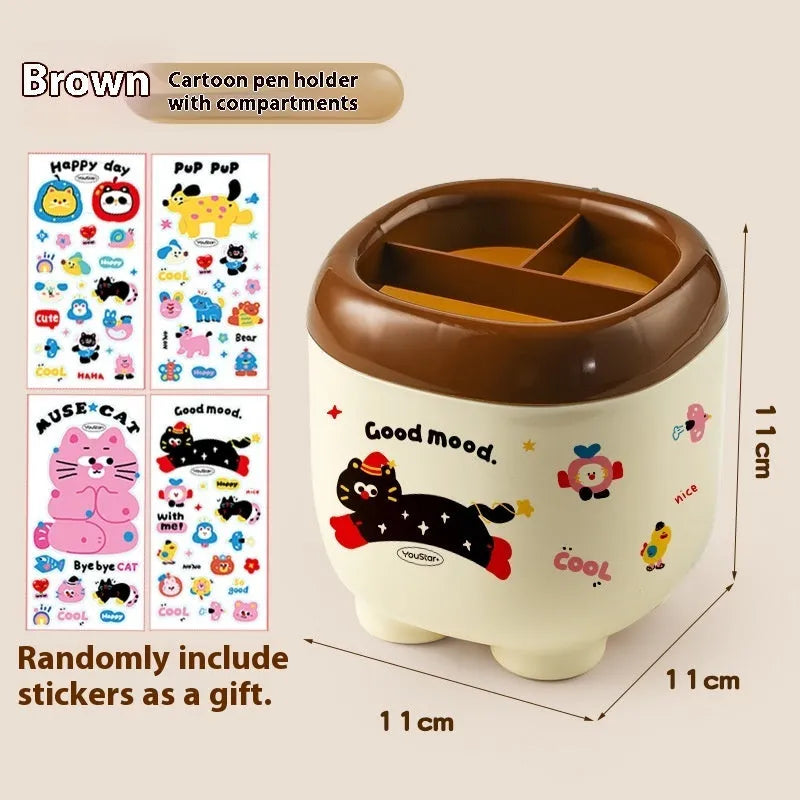 Red and brown cartoon sticker designs on a plastic desktop storage box with grid organiser compartments.