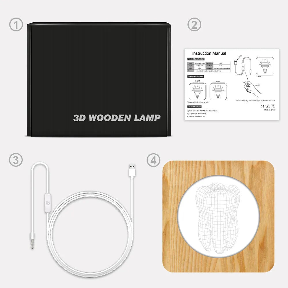 Tooth shaped wooden colour acrylic night lamp with USB cable, 190mm size