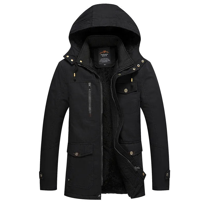 Men's fleece-lined warm cotton jacket in khaki, long sleeves, casual European and American style