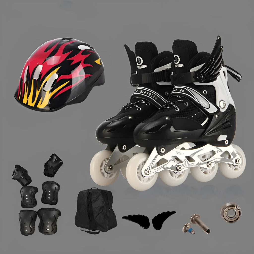Adjustable children's roller skates with PU foam wheels and aluminium frame, including protective gear set and helmet