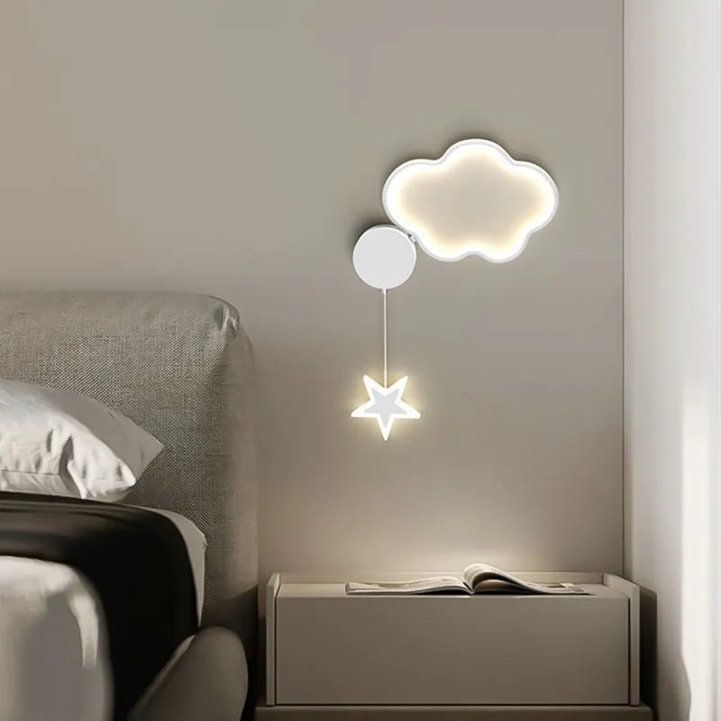 Children's cloud and star themed LED bedside wall lamp in black or white.