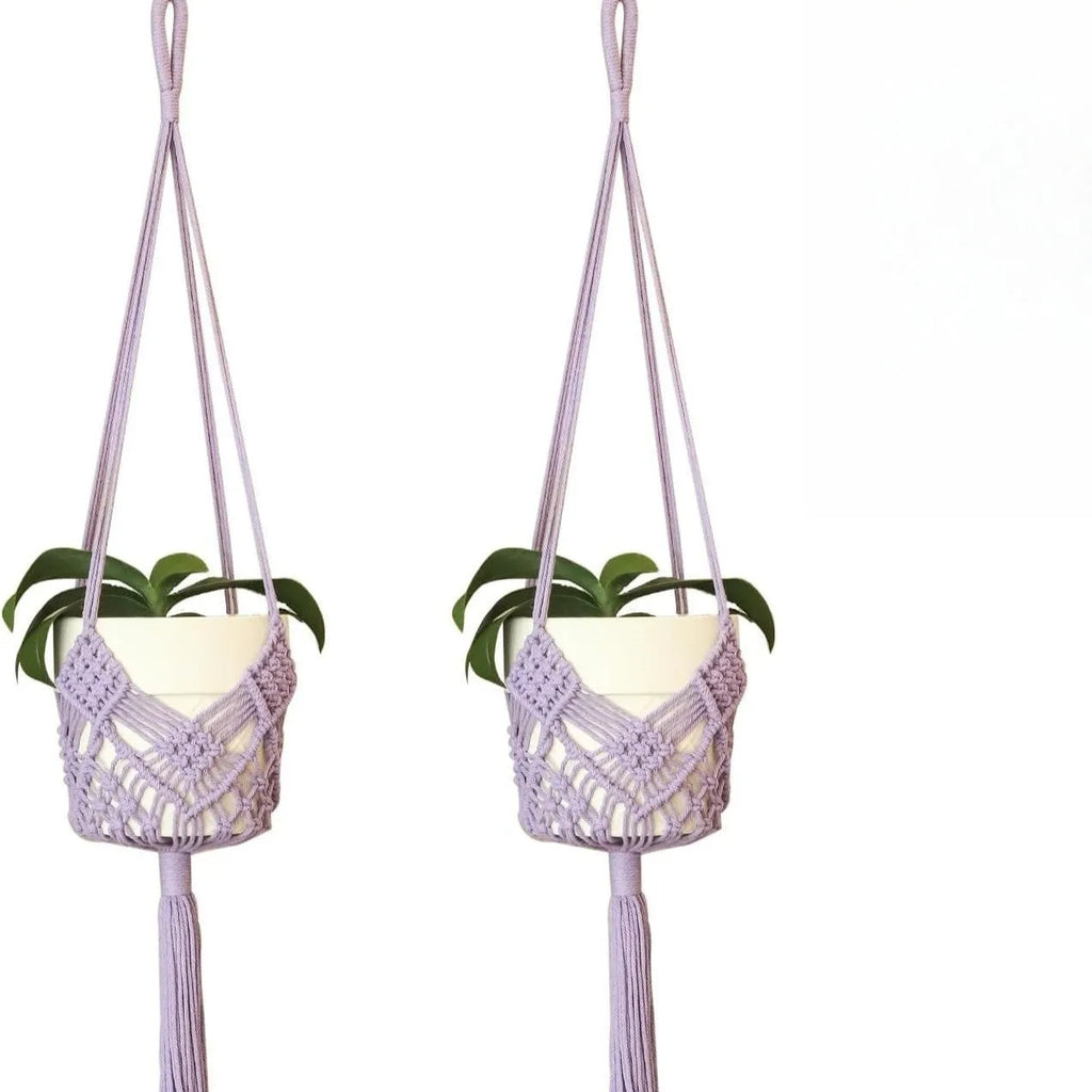 Hand-woven cotton polyester flower pot net with extension cord in a choice of seven colours.