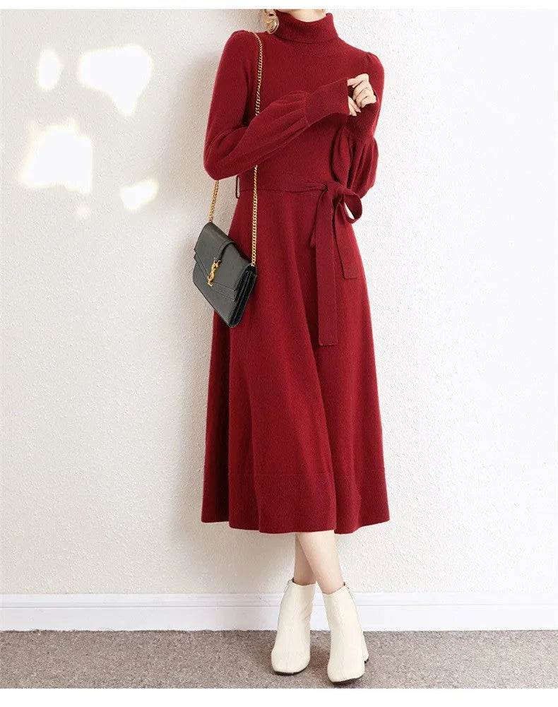 Adult ladies' turtleneck knit dress with elastic waist in rose red, black, red, or blue colours