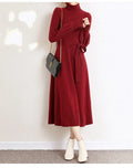 Adult ladies' turtleneck knit dress with elastic waist in rose red, black, red, or blue colours
