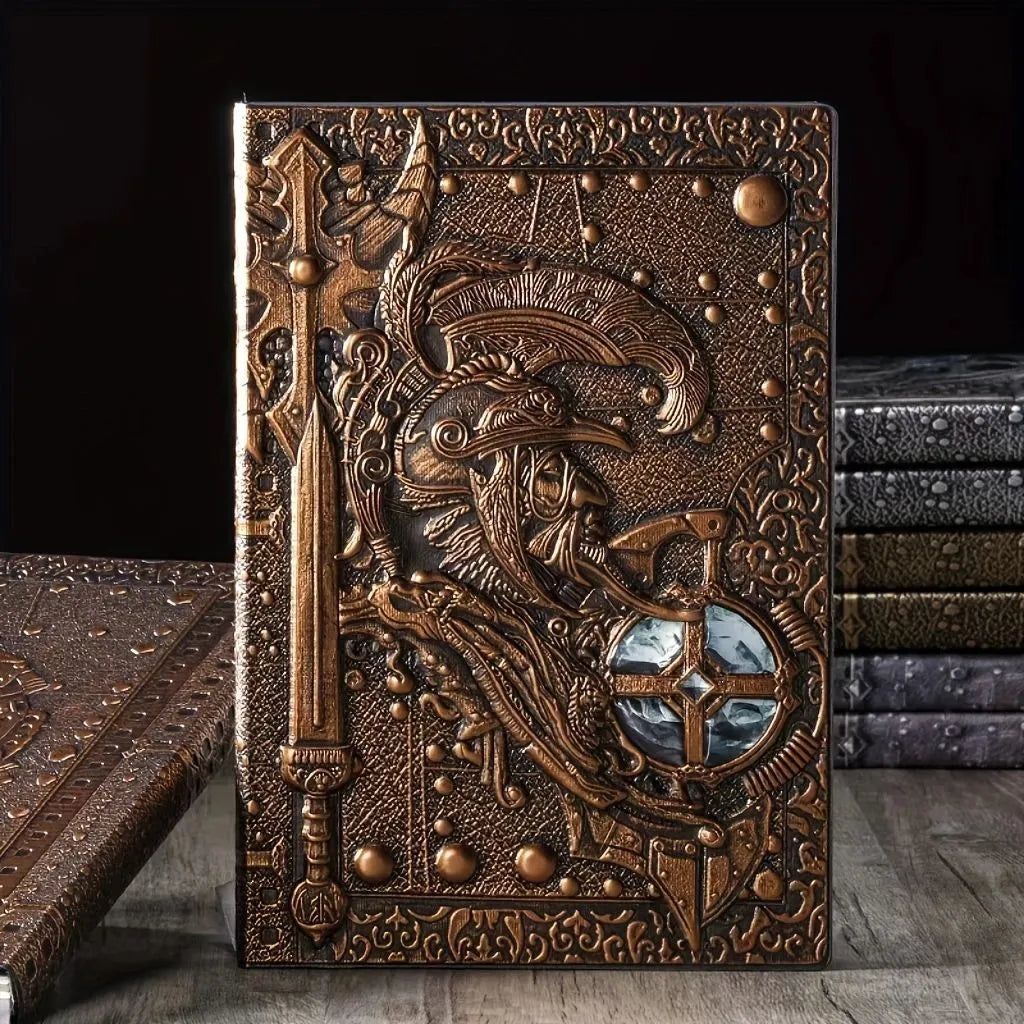 Handmade A5 leather notebook with 3D Warriors relief embossed design in metallic colours