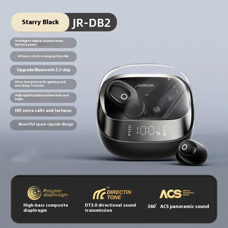 Wireless Bluetooth in-ear headphones with a compact white charging case on a table.