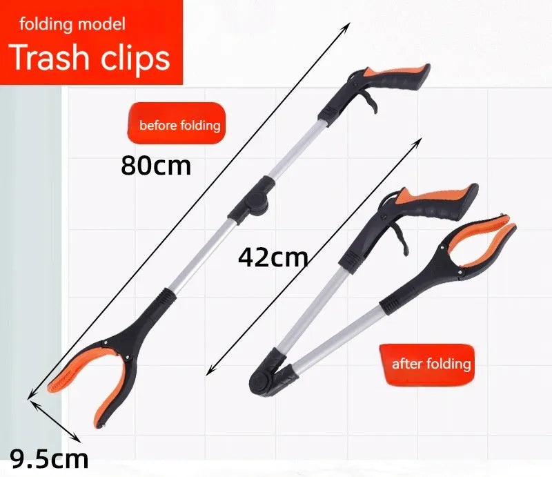 Foldable aluminium rubbish pick-up claw with blue handle, shown extended and with magnet sucker.