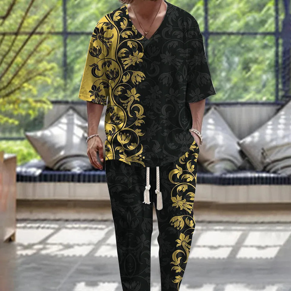 Cropped sleeve V-neck jacket and matching trousers in polyester fabric