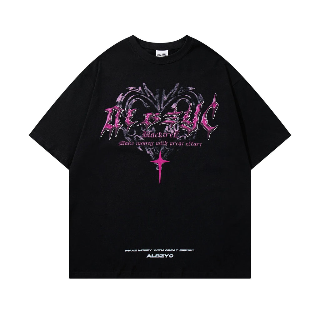 Men's retro printed cotton T-shirt with short sleeves and loose fit in white or black colour options