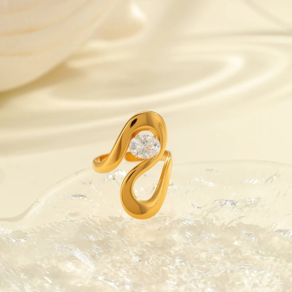Adjustable geometric stainless steel ring with zircon stones in electroplated finish