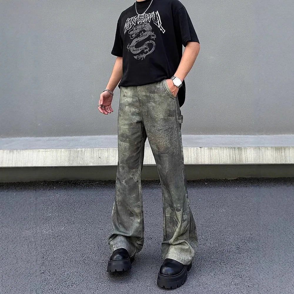 Men's straight-leg jeans with a retro camouflage pattern on blue cotton denim.