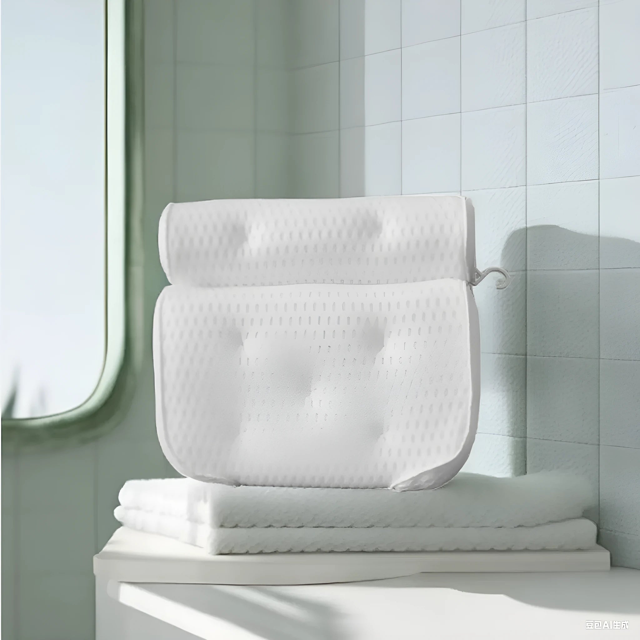 White bathtub pillow with mesh fabric and suction cups on a bath mat.