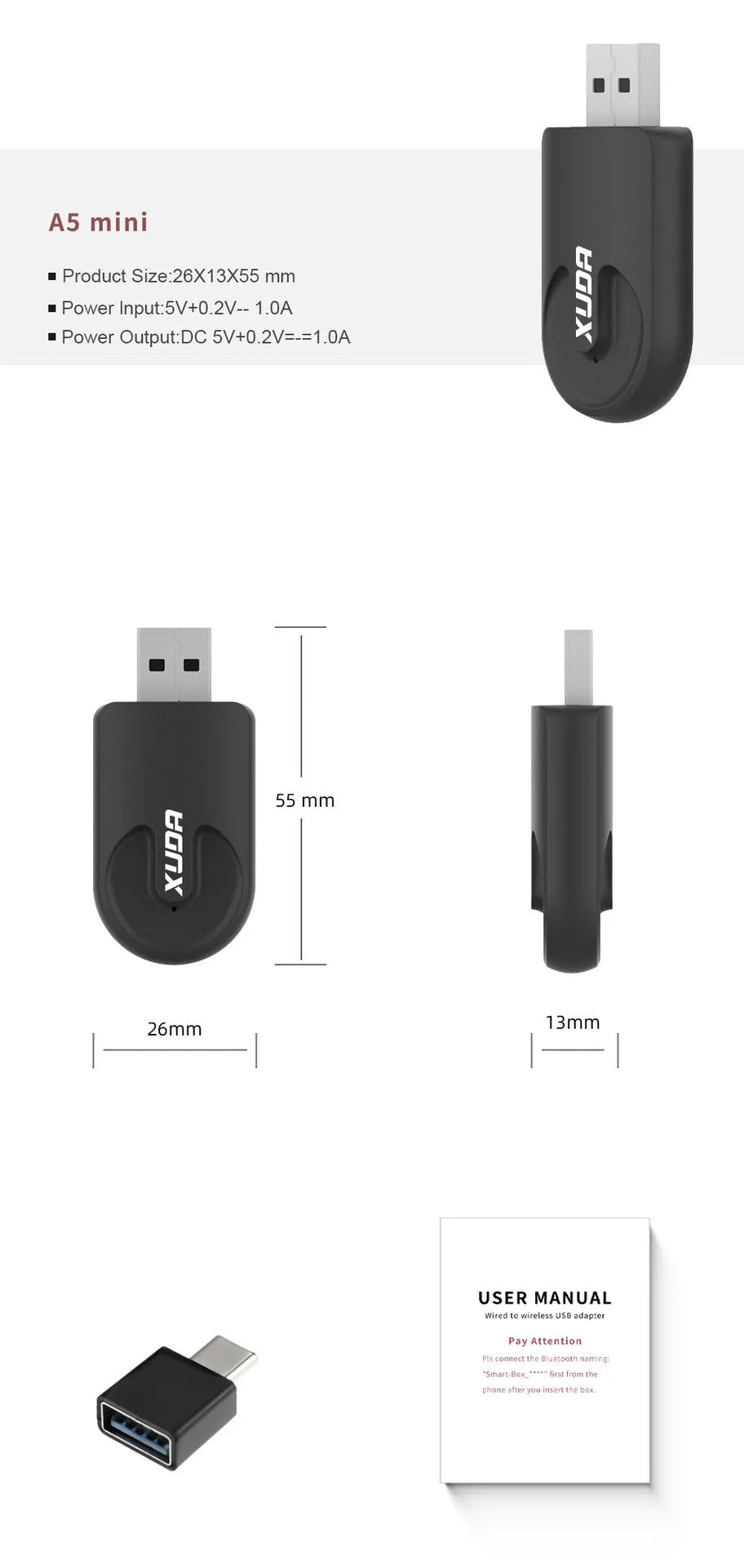 Black mini wireless CarPlay USB adapter showing compact 26×55×13mm dimensions with USB connector