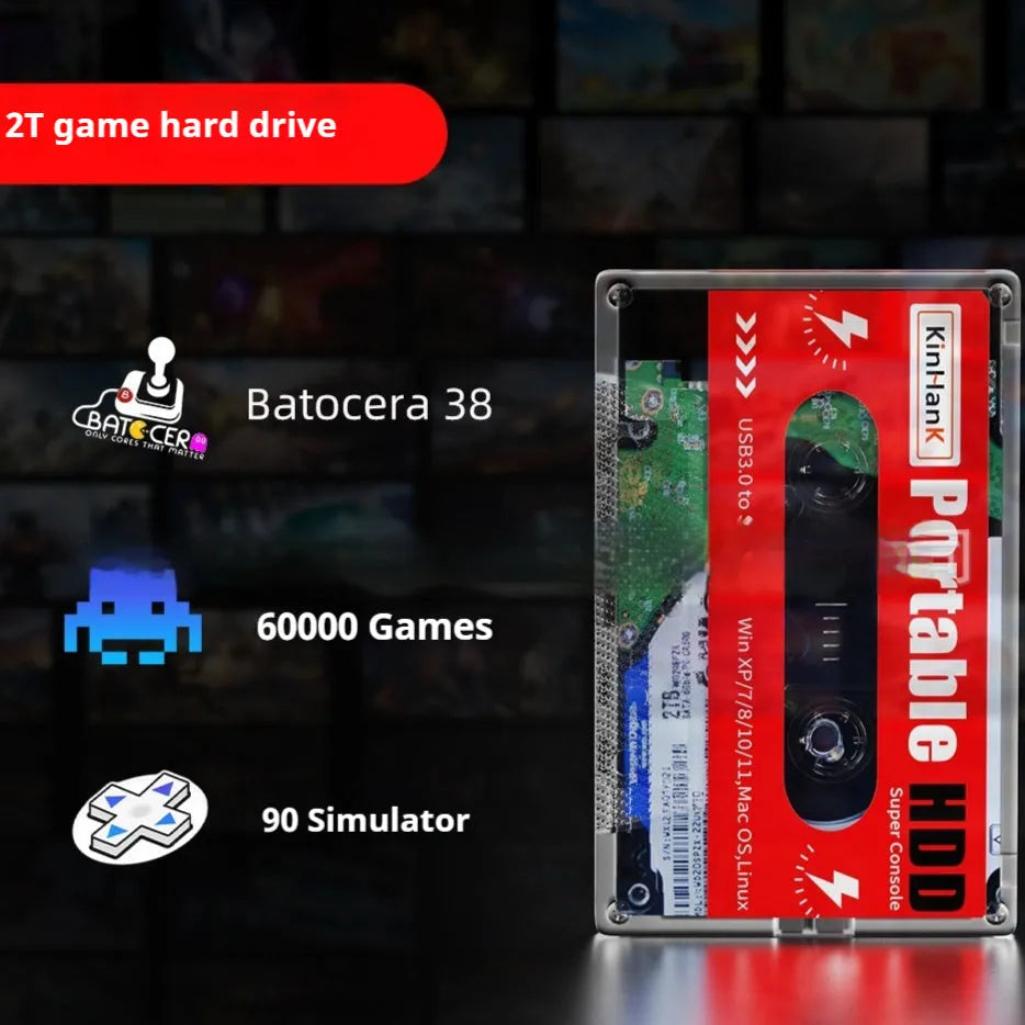 2TB external mechanical hard drive for PC games with USB cable, dimensions 12.8cm x 8cm.