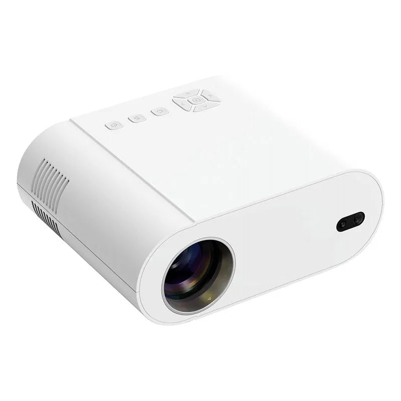 White T07 Full HD 1080p smart projector with remote control on a surface.