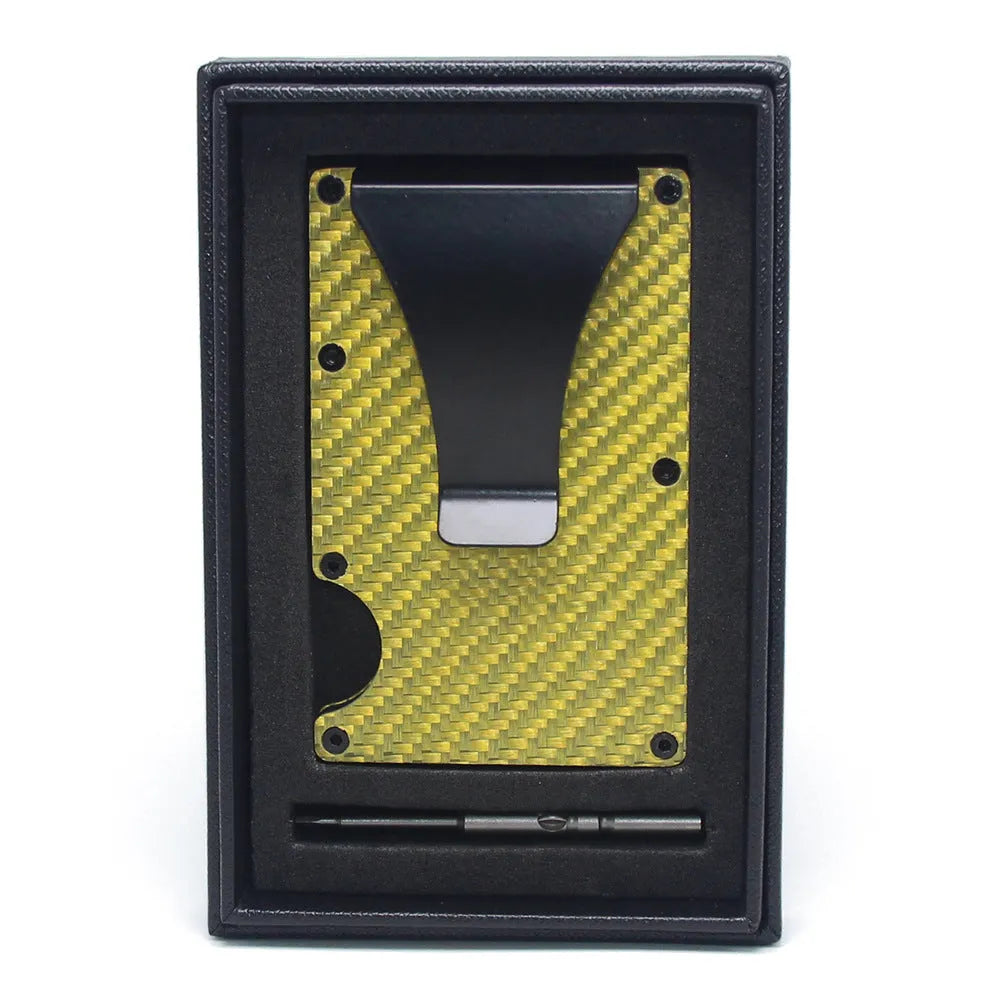 Geometric aluminium carbon fibre card holder with 8mm thickness showing black silver red colour options