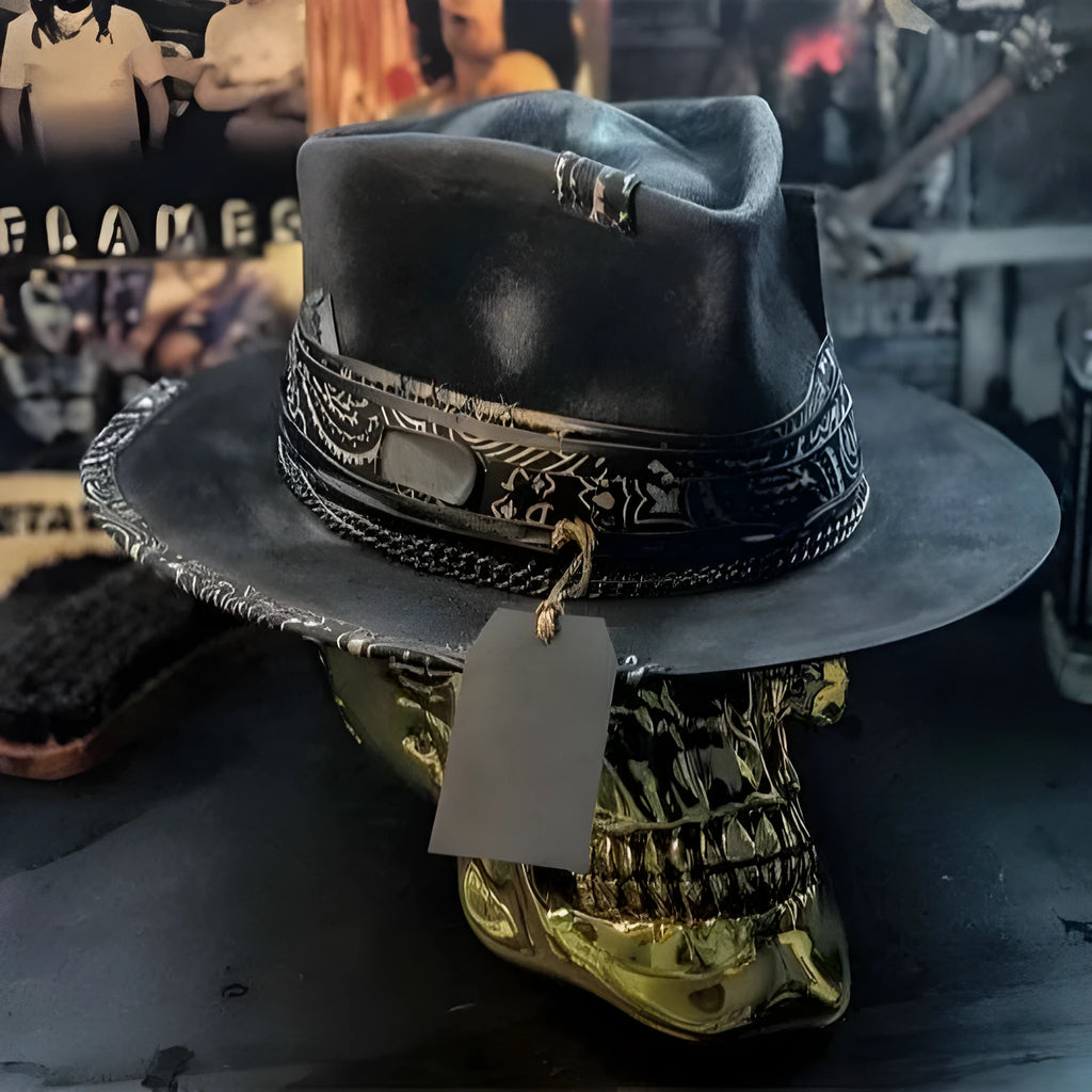 Handmade wool skull hat with conical crown and embroidered design