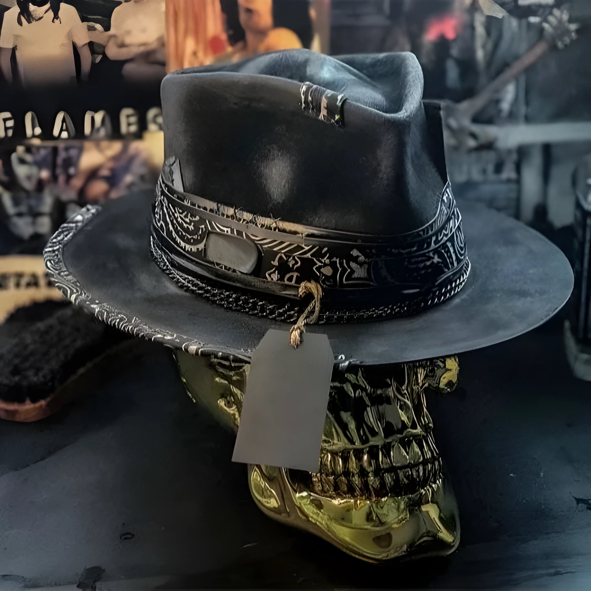 Handmade wool skull hat with conical crown and embroidered design