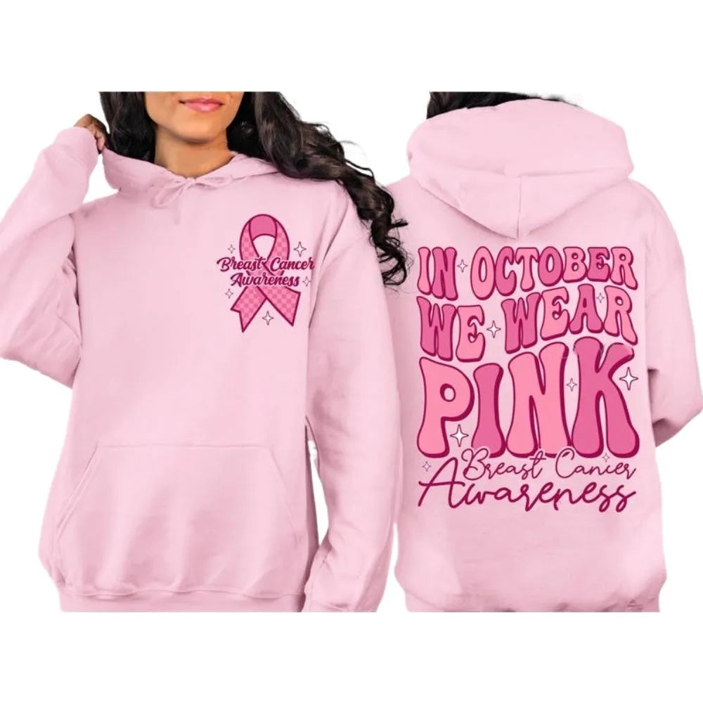 Breast Cancer Awareness hoodie with retro print design and side seam pockets in pink colour.