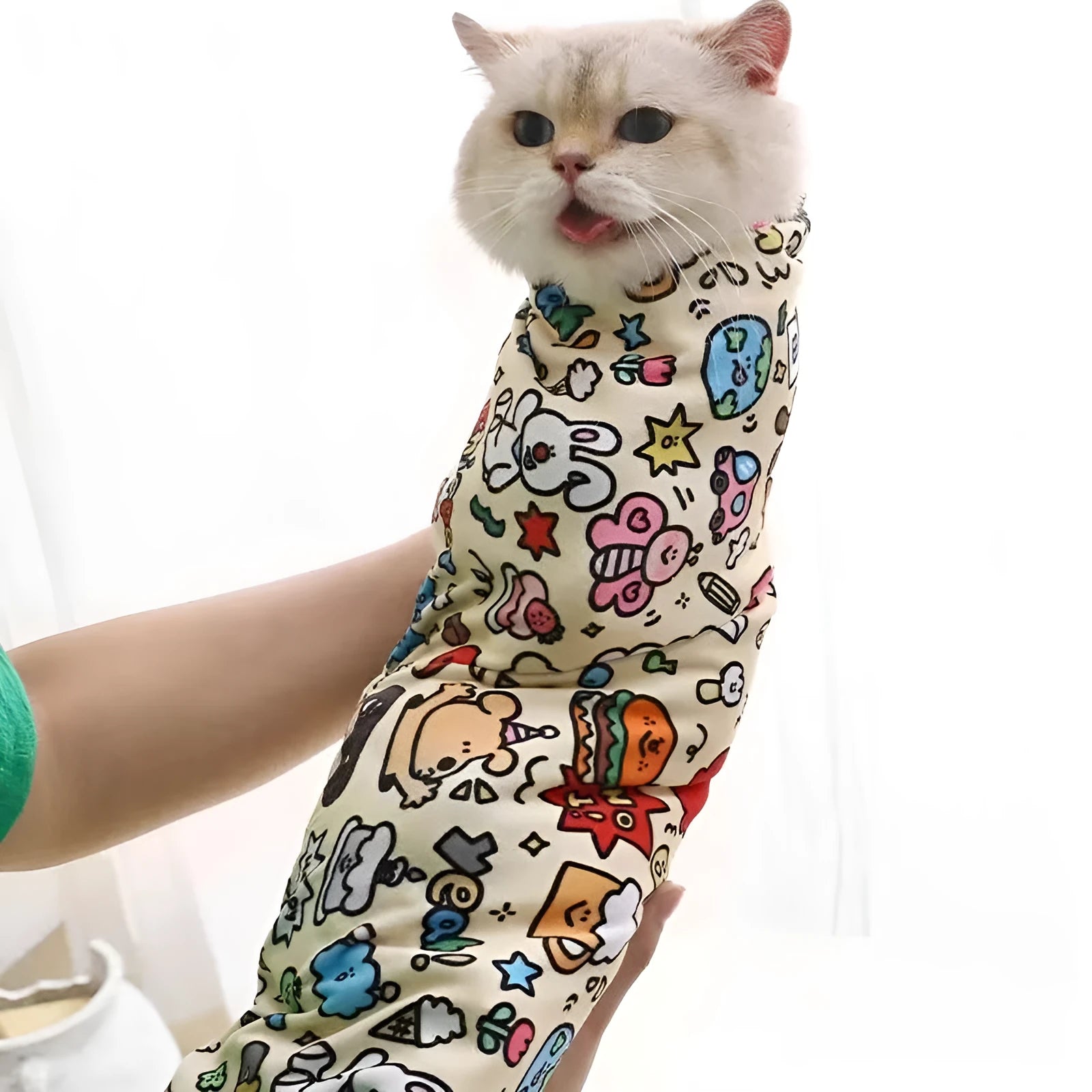 Cartoon printed cat cosmetic bag in nylon with colourful animal design showing size options