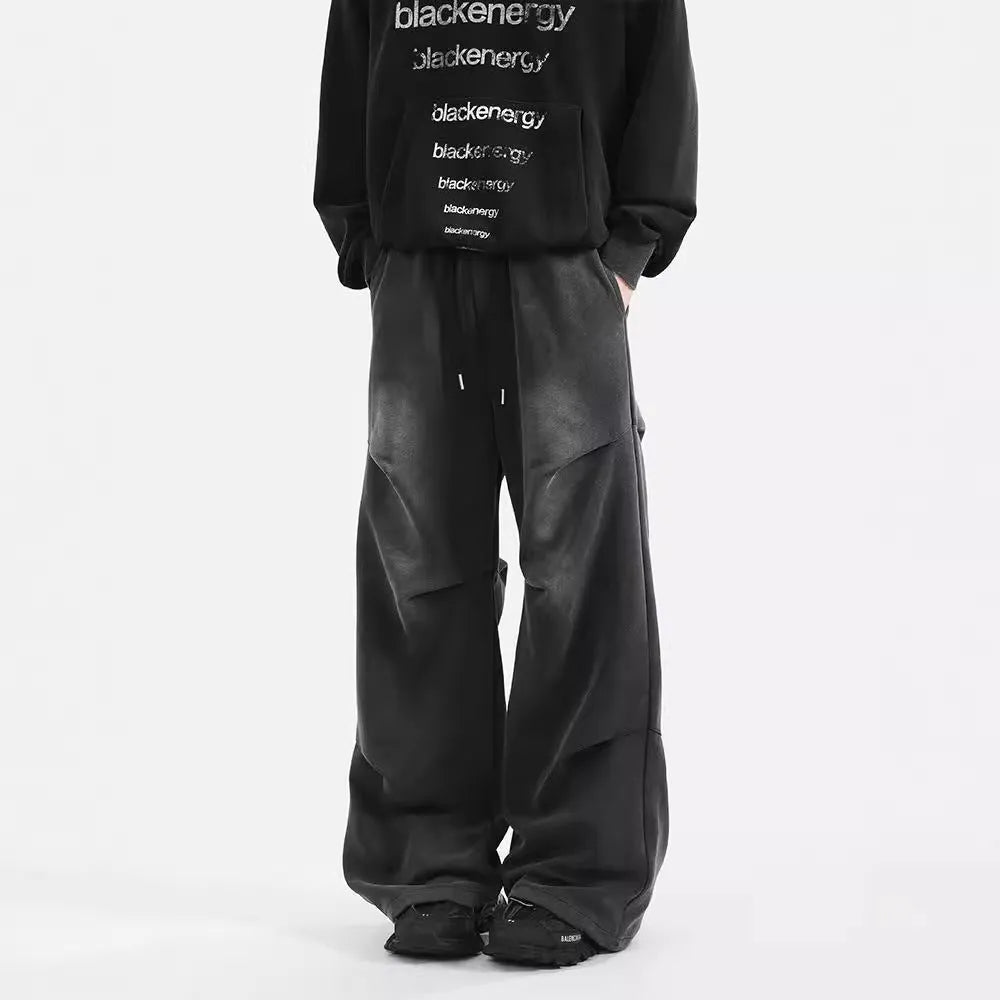 Men's American washed cotton pleated straight loose sweatpants in black with elastic waist