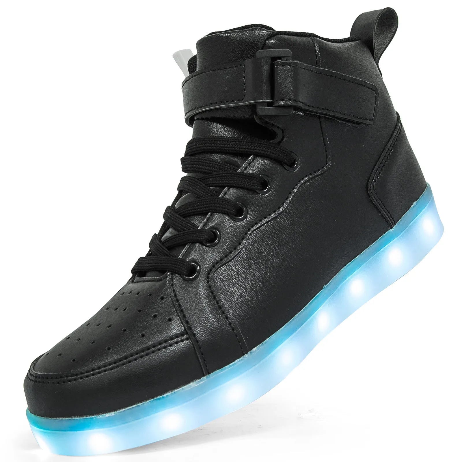 A pair of black high-top shoes with a Velcro strap and illuminated LED lights in the rubber sole.