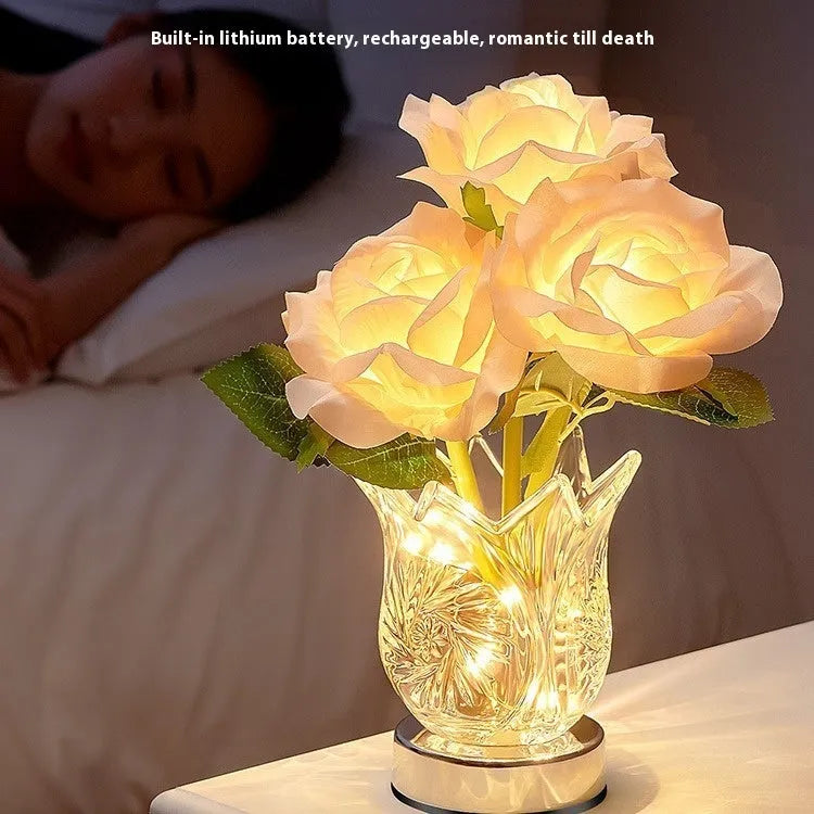 Crystal flowers rechargeable touch control table lamp with infinite dimming on bedside table
