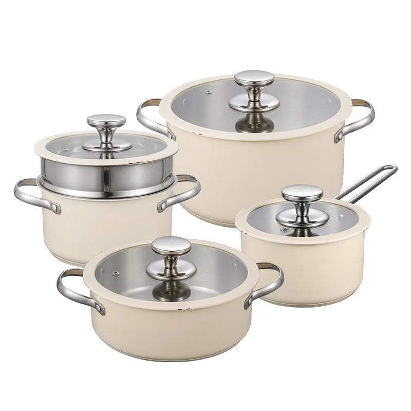 Beige 304 stainless steel double bottom soup pot set with composite glass lids