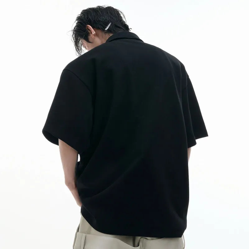 Men's deconstructed collar polo shirt with geometric giant land turtle pattern in short sleeve design
