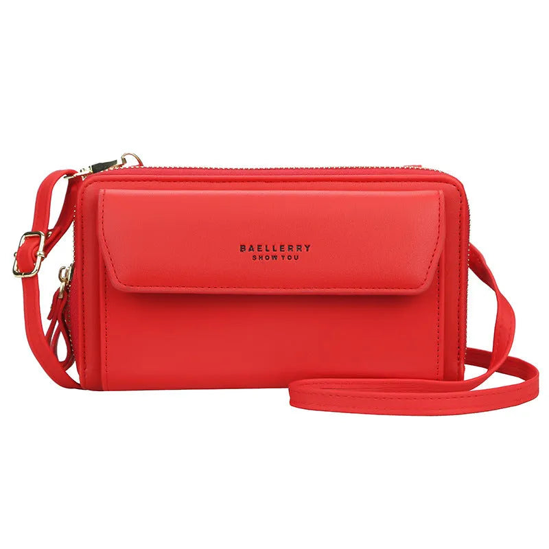 Soft PU leather ladies long wallet with double zipper in horizontal square messenger bag design