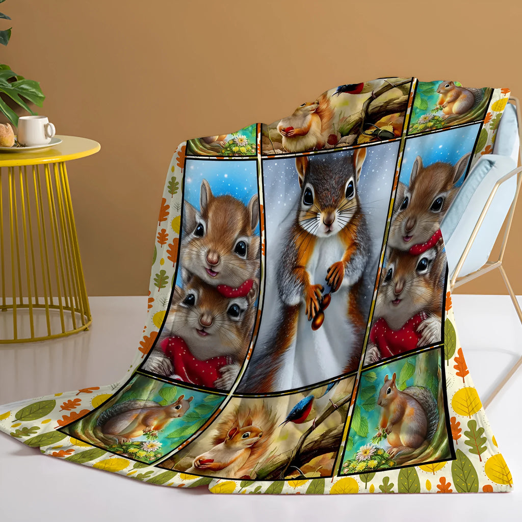 Yellow flannel blanket with white bellied squirrel print, 130x150cm, laid on a white background